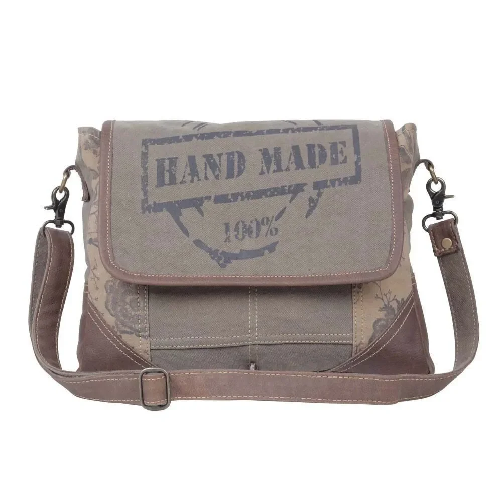 Myra Bag Handmade Wildest  Messenger Bag Upcycled Canvas & Cowhide Leather - Picture 2 of 9